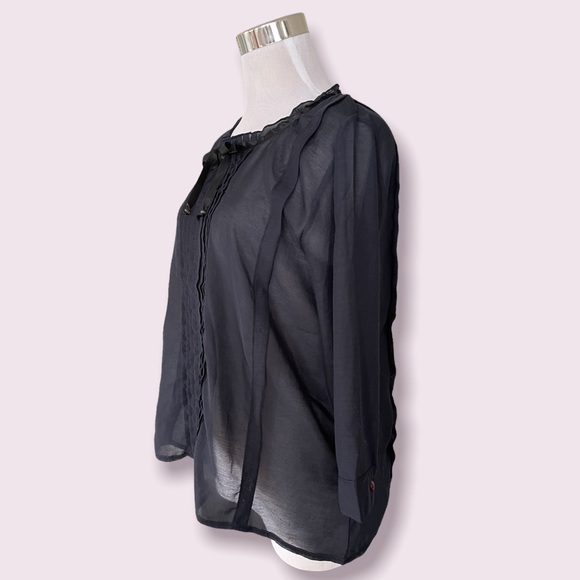 Nano Universe (Japan) Black Semi Sheer Tie Front Blouse - Picture 3 of 5